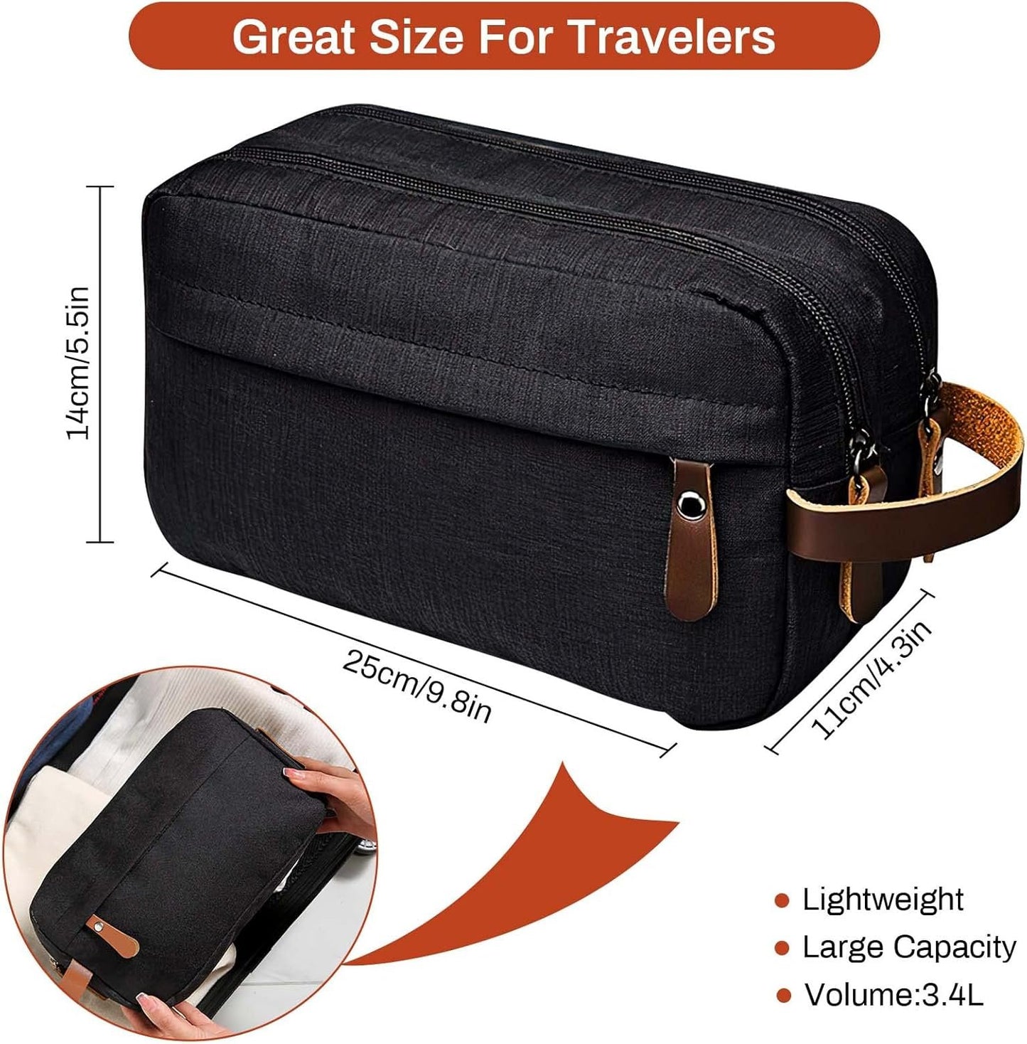 VIPITH Oxford Cloth Toiletry Bag,Makeup Bag for Men and Women Portable Travel Shaving Dopp Kit Water-Resistant Cosmetic Bag,Waterproof Bathroom Organizer and Personal Items.(Black)