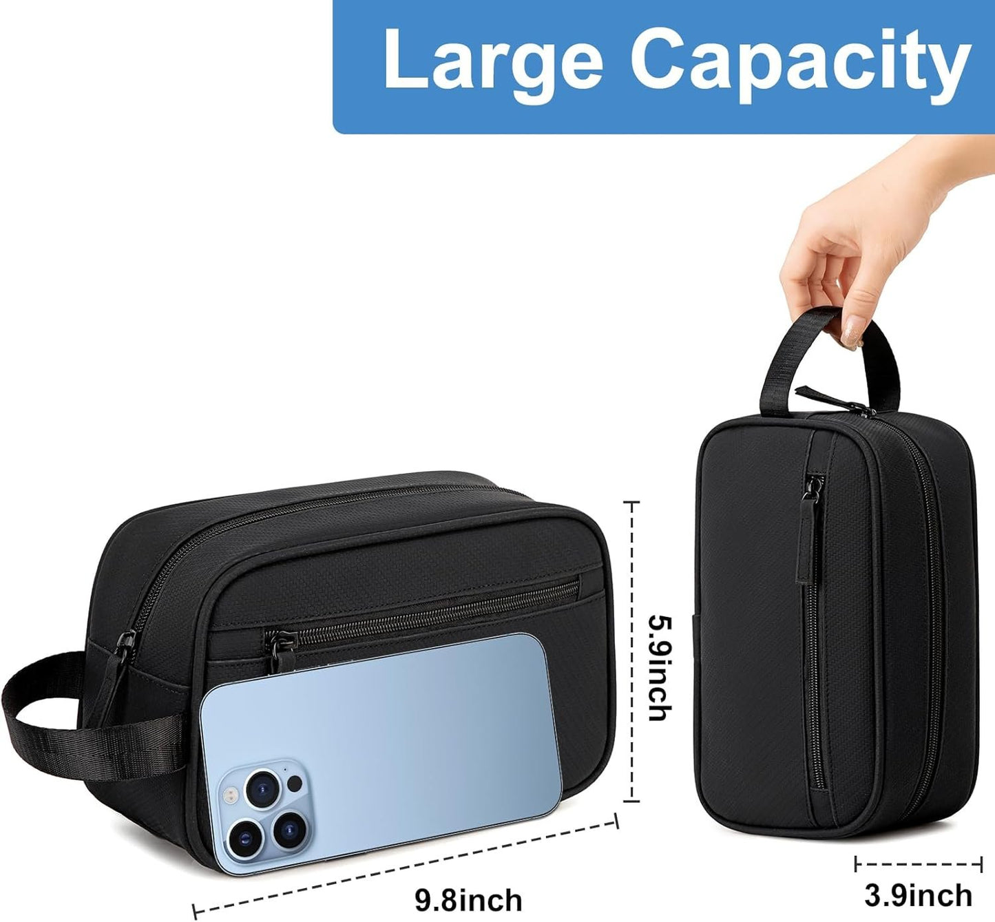 Travel Toiletry Bag for Men Women,Toiletries Dopp Fit, Water Resistant Shaving Bags,Small Bathroom Hygiene Organizer Pouch, Black, Toiletry Bag
