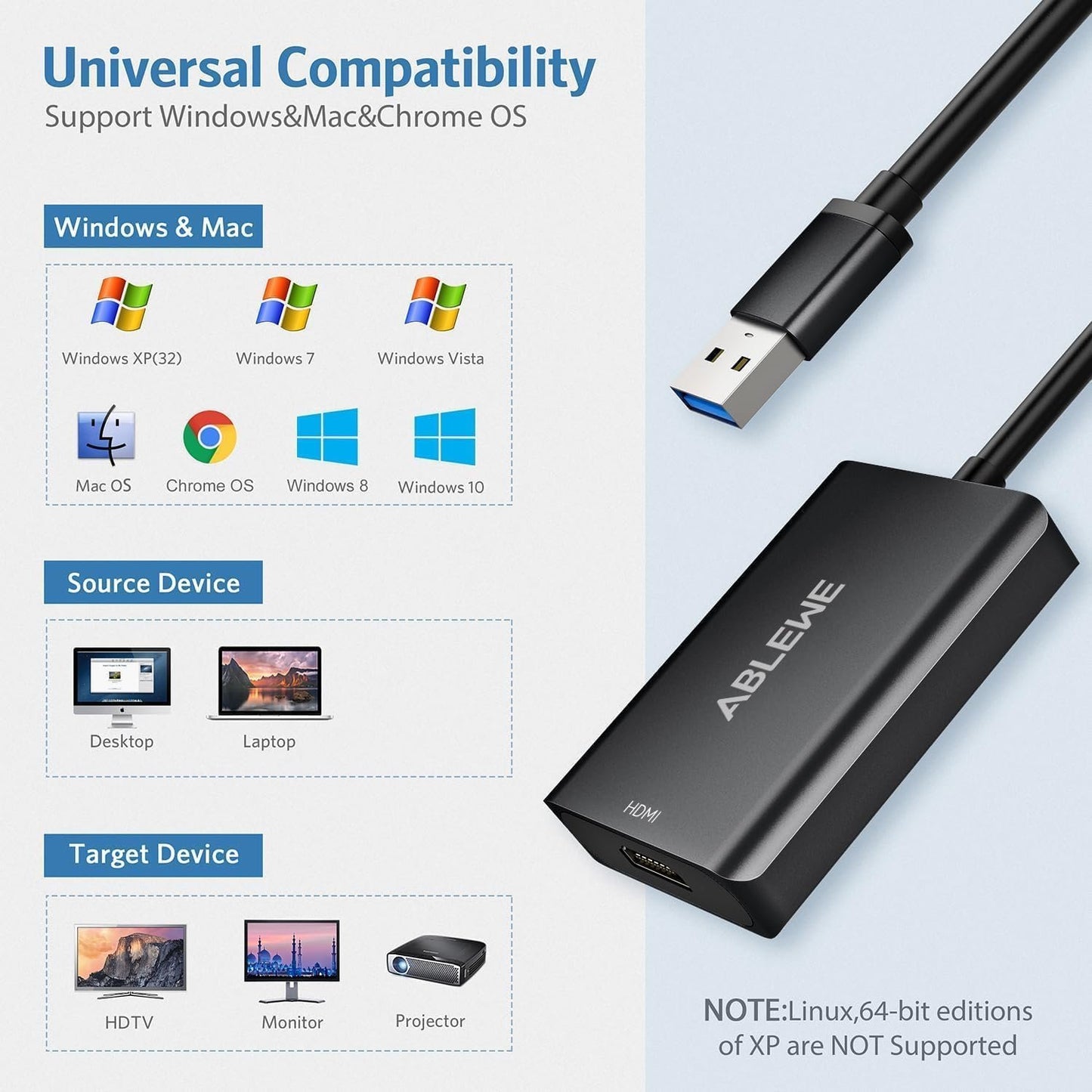 ABLEWE USB 3.0 to HDMI Adapter 4K@30Hz - Upgraded Aluminum HDMI to USB 3.0 & 2.0 Audio Video Graphics Converter Cable for PC Laptop Monitor Projector Desktop TV,Support Mac OS,Windows 10/8.1/8/7