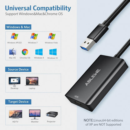ABLEWE USB 3.0 to HDMI Adapter 4K@30Hz - Upgraded Aluminum HDMI to USB 3.0 & 2.0 Audio Video Graphics Converter Cable for PC Laptop Monitor Projector Desktop TV,Support Mac OS,Windows 10/8.1/8/7
