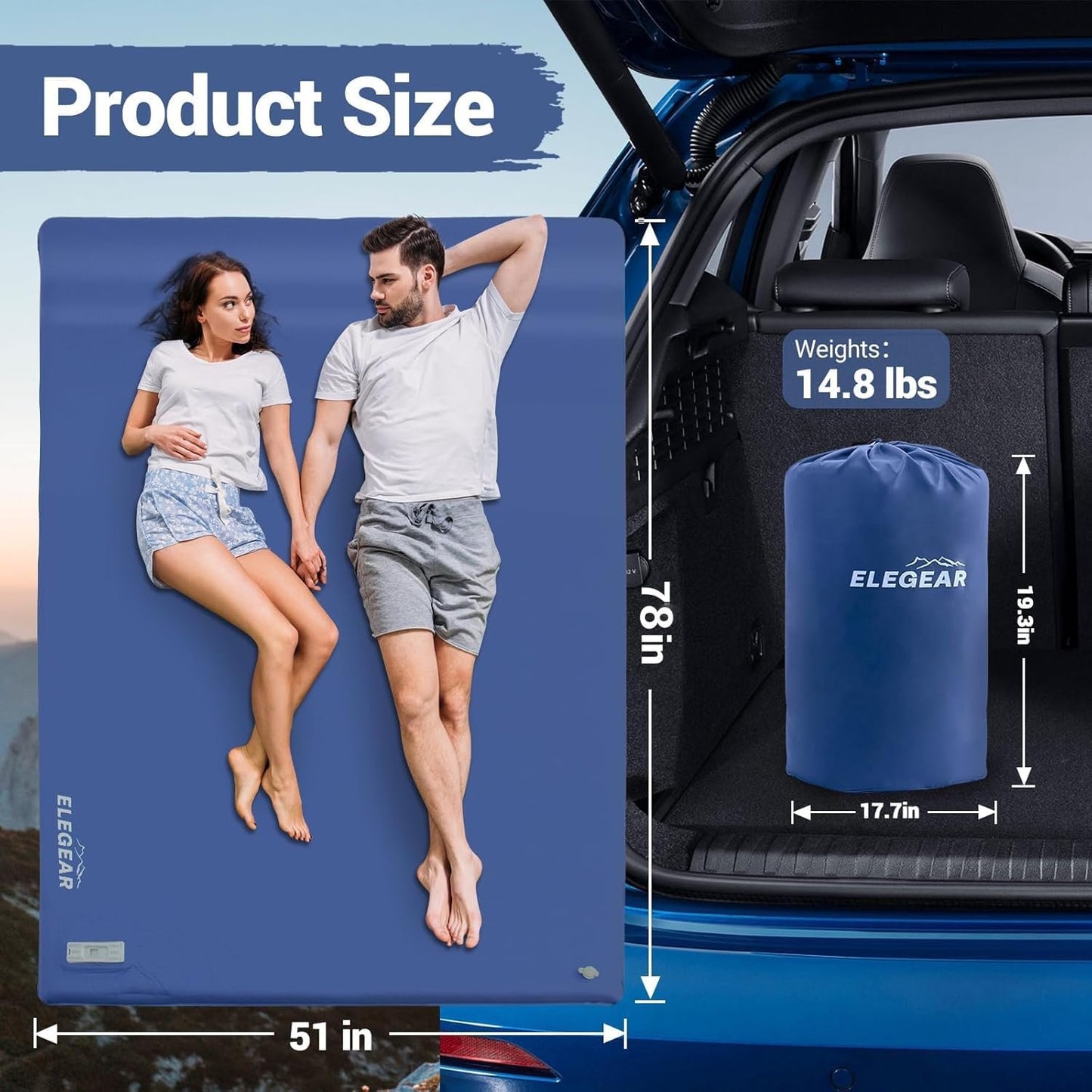 Sleeping Mats for Camping,Elegear Memory Foam Camping Mattress Built-in Electric Pump 3.1inch,Foldable Travel Cot Mattress R-Value 9.5 Foam Sleeping Pad Double Floor Mattress with Pillow,Blue