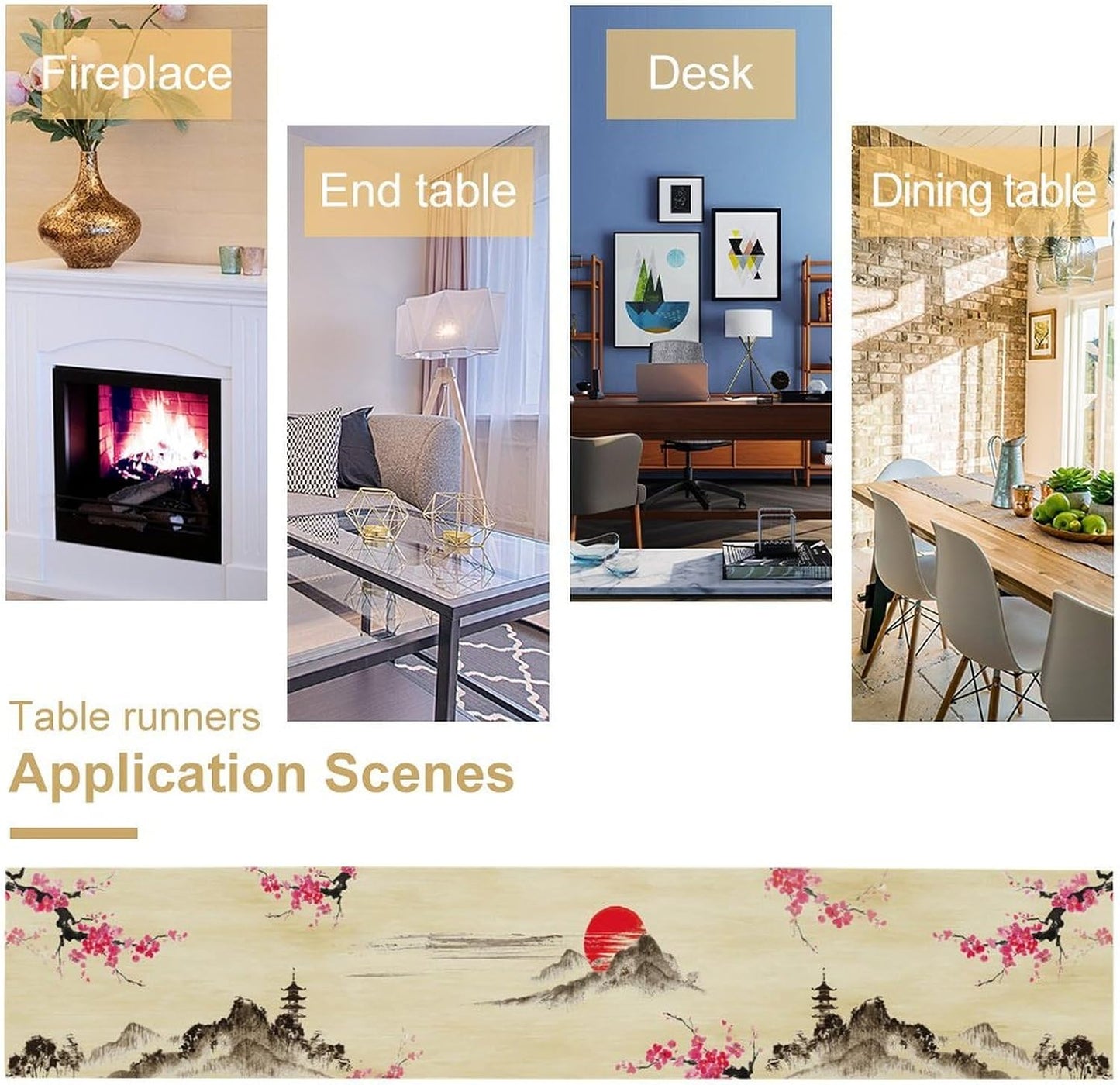Japanese Cherry Blossom Table Runner Retro Spring Landscape Mountain Plum Floral Tabletop Decor Cover for Holiday Dining Room Party 13x120 Inch