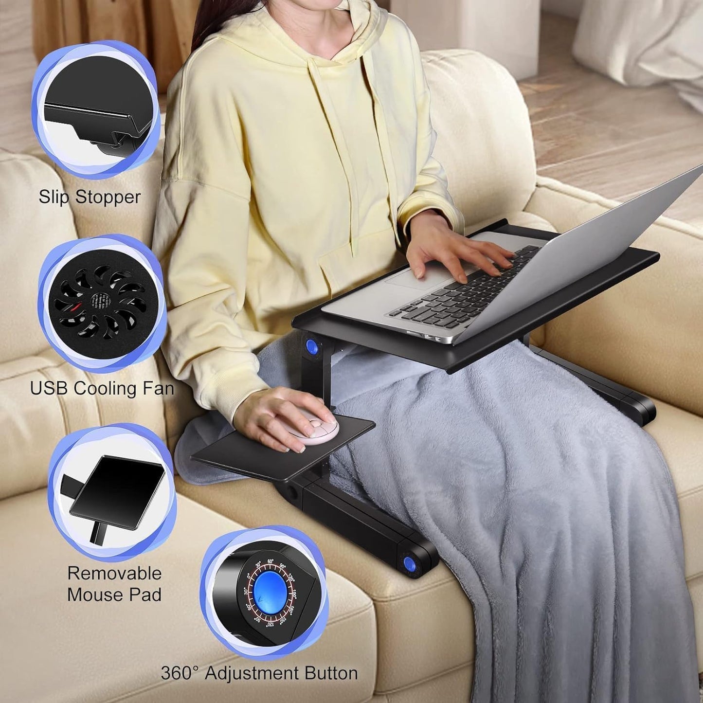 XICEN Height Adjustable Laptop Table, Portable Computer Laptop Desk Foldable Table Workstation Notebook Riser with 2 CPU Cooling USB Fans and Mouse Pad, Laptop Stand Holder for Bed Sofa Office