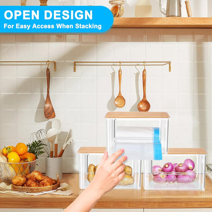 Riian Trash Bag Dispenser, Extra Large Trash Bag Holder Dispenser Roll Holder, Acrylic Pantry Organizers with Bamboo Top and Handles for Kitchen Laundry Room Organization (1 Pack)