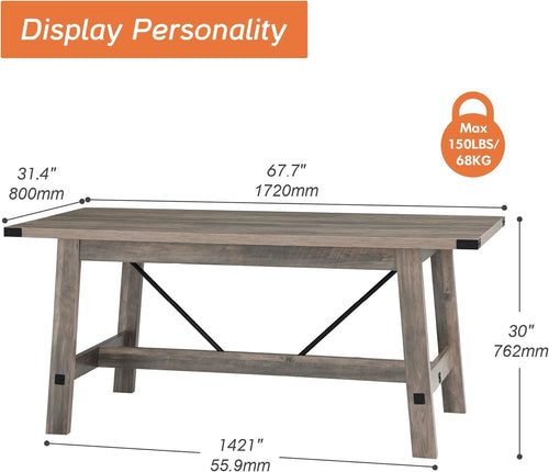 WAMPAT Farmhouse Dining Room Table for 6 Person, 67.7 Inch Rectangular Wood Modern Kitchen Table with Metal Decor and Footrest, Rustic Grey