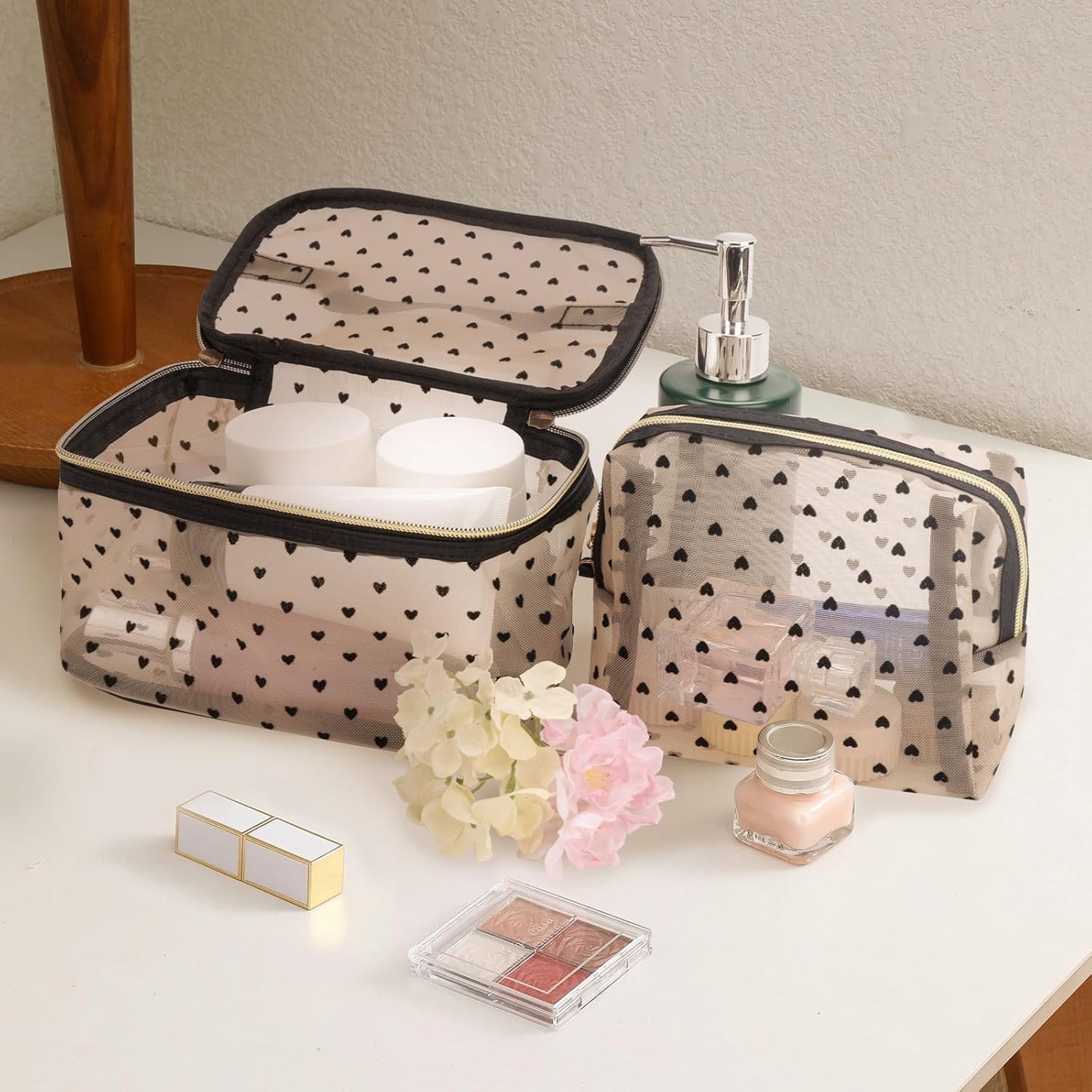 Adorila Mesh Makeup Bags, Heart Print Zipper Mesh Storage Pouch, Travel Cosmetic Accessories Organizer for Women, beige-set of 5
