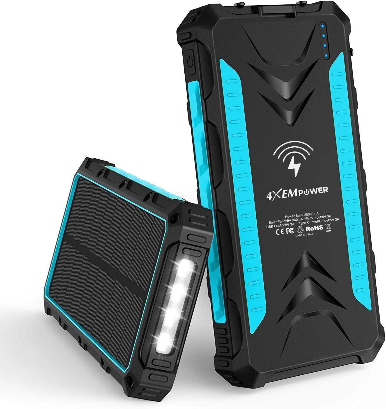 4XEM- 20,000 maH Mobile Solar Power Bank and Wireless Charger with LED Flashlight and USB Connections (Blue)