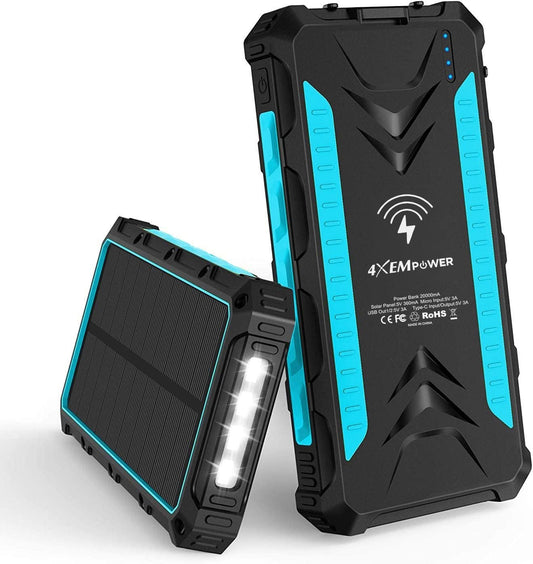 4XEM- 20,000 maH Mobile Solar Power Bank and Wireless Charger with LED Flashlight and USB Connections (Blue)