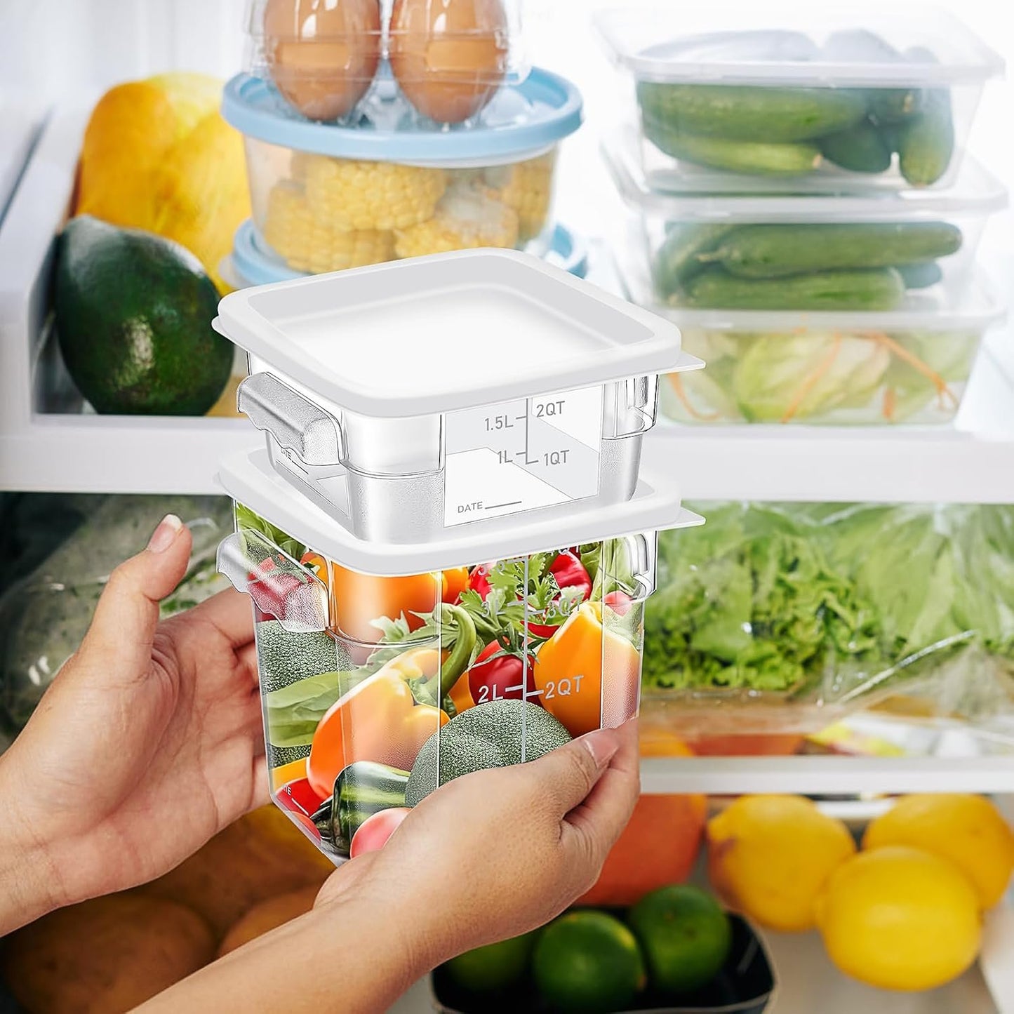 4 Pcs Food Storage Containers with Lids 2 and 4 Quart Clear Plastic Commercial Container Set with Scales Handles for Home Restaurant Fridge Freezer Kitchen Brining Food, Proof Dough, Marinating Meat