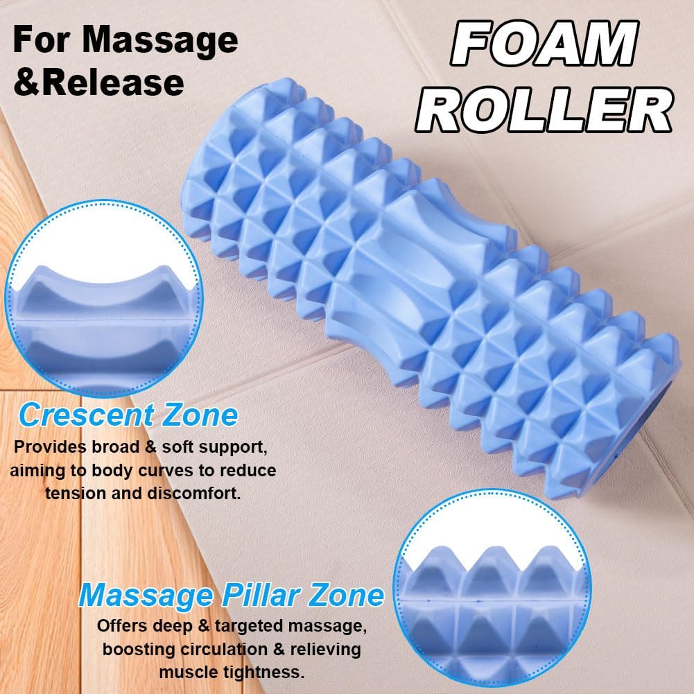 TINY SPARK 9 IN 1 Foam Roller, Yoga Rollers for Muscle Massage, Foam Roller with Muscle Roller Stick, Massage Roller, Spike Massage Ball, 4pcs Resistance Loop Bands All in Carrying Bag (33cm, Blue)