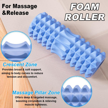 TINY SPARK 9 IN 1 Foam Roller, Yoga Rollers for Muscle Massage, Foam Roller with Muscle Roller Stick, Massage Roller, Spike Massage Ball, 4pcs Resistance Loop Bands All in Carrying Bag (33cm, Blue)