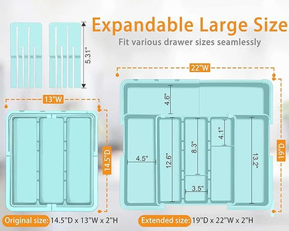 Utensil Drawer Organizer for Kitchen, Expandable Silverware Organizer Cooking Utensils Tray, Large Cutlery and Flatware Holder, Kitchen Tools & Gadgets Storage (Turquoise)