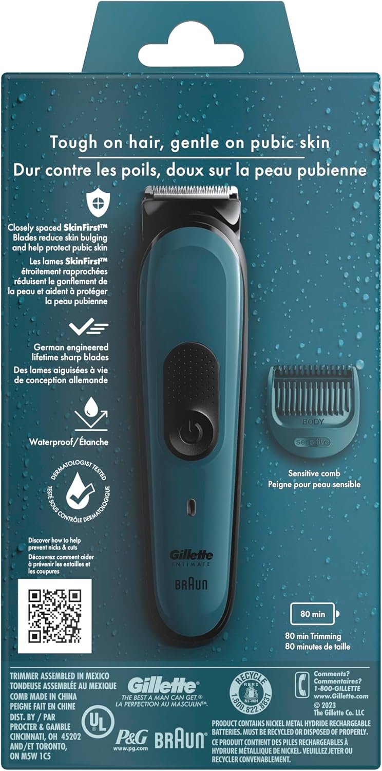Gillette Intimate Men’s Pubic Hair Trimmer i3, SkinFirst Pubic Hair Trimmer For Men, Waterproof, Cordless For Wet/Dry Use, Shaver For Men, Lifetime Sharp Blades