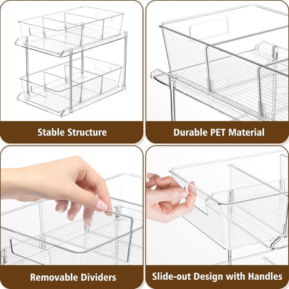 Pull-out Home Organizer, 2 Pack 2 Tier Clear Bathroom Organizer with Dividers, Multipurpose Vanity Counter Tray, Kitchen, Closet Organizers, Cabinet & Storage Container Bins