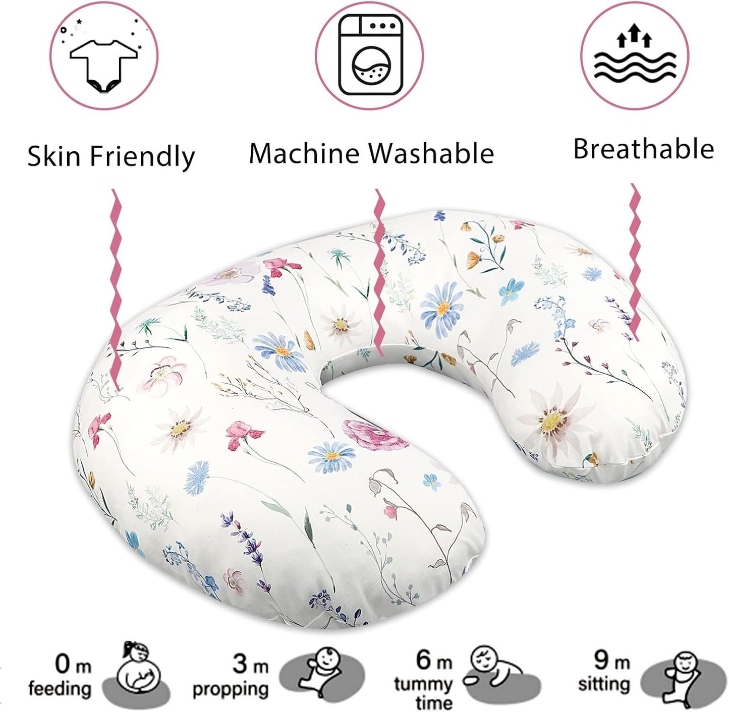Nursing Pillow Cover Breastfeeding Pillow Slipcover for Moms Soft Breathable Organic Knit Fabric Newborn Infant Feeding Pillow Covers for Baby Girl Boy, Floral