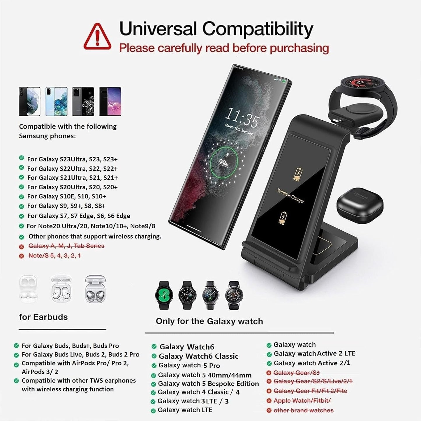3 in 1 Wireless Charger Stand FDGAO Foldable 15W Fast Wireless Charging Station with Adapter for Samsung Galaxy S25 S24 S23 S22 S21 S20 Ultra S10 S9,Note20,Galaxy Watch 7/6/5 Pro/4/3,Galaxy Buds2 Pro