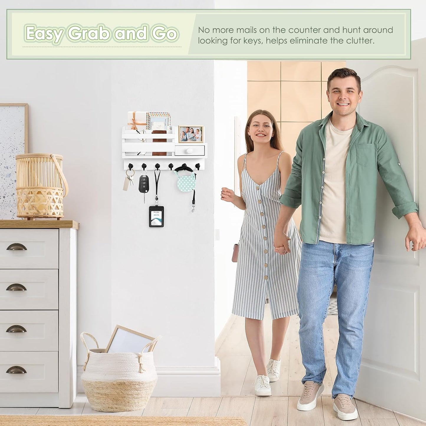 VIS'V Key Holder Wall Mount, Wooden Mail and Key Organizer with Drawer and Shelf, 2 Slots, 6 Hooks, White