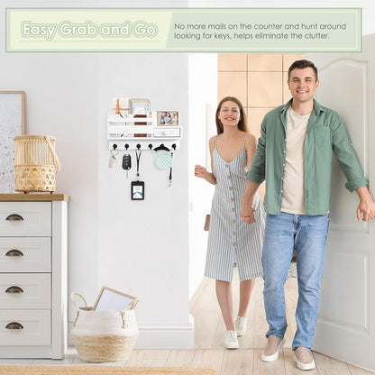 VIS'V Key Holder Wall Mount, Wooden Mail and Key Organizer with Drawer and Shelf, 2 Slots, 6 Hooks, White