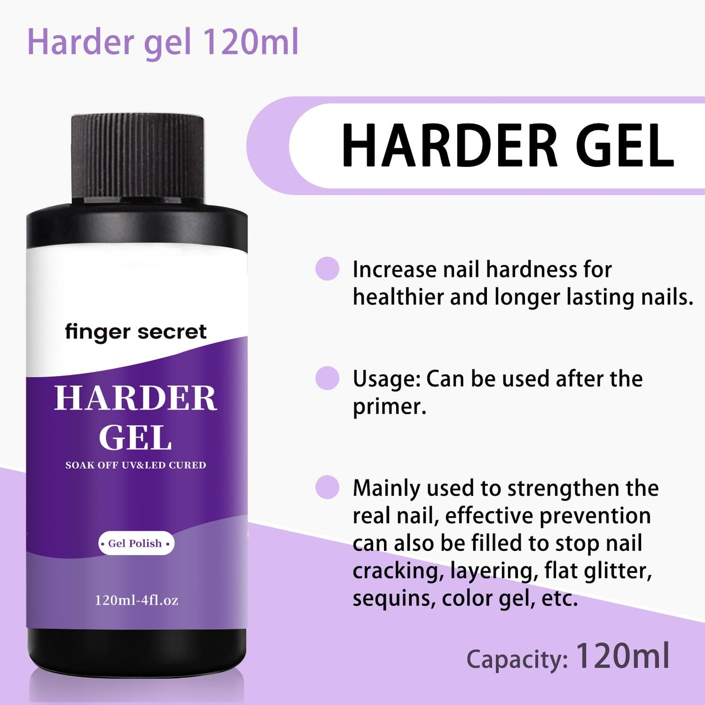 finger secret Harder Gel120ml,Harder Gel for Nails,Builder Gel for Nails,Nail Strengthener Nail Extension Hard Gel for Nail Care Repair Soak Off Nail Lamp Required