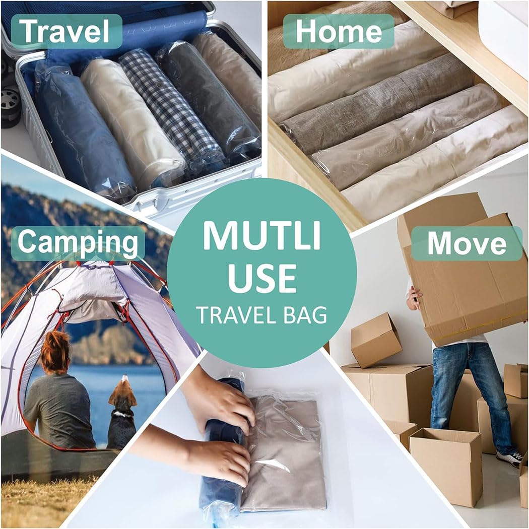 iDopick 8 Pack Compression Bags for Travel,Cream Roll Up Space Saver Bags Reusable Seal Clothes Bags,No Pump Needed Vacuum Storage Bags for Luggage, Suitcase, Backpack, Travel Essentials (35x50cm)