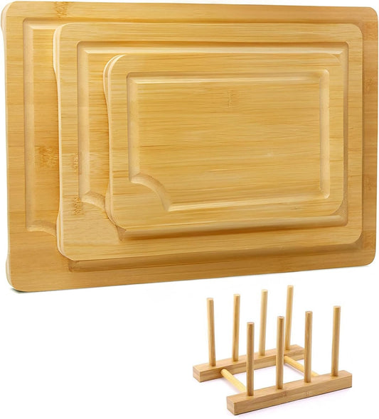 Alijoy Bamboo Cutting Board Set with Holder – Wooden Cutting Boards for Kitchen Set of 3, Chopping Board Set with Juice Groove – Kitchen Accessories for Home
