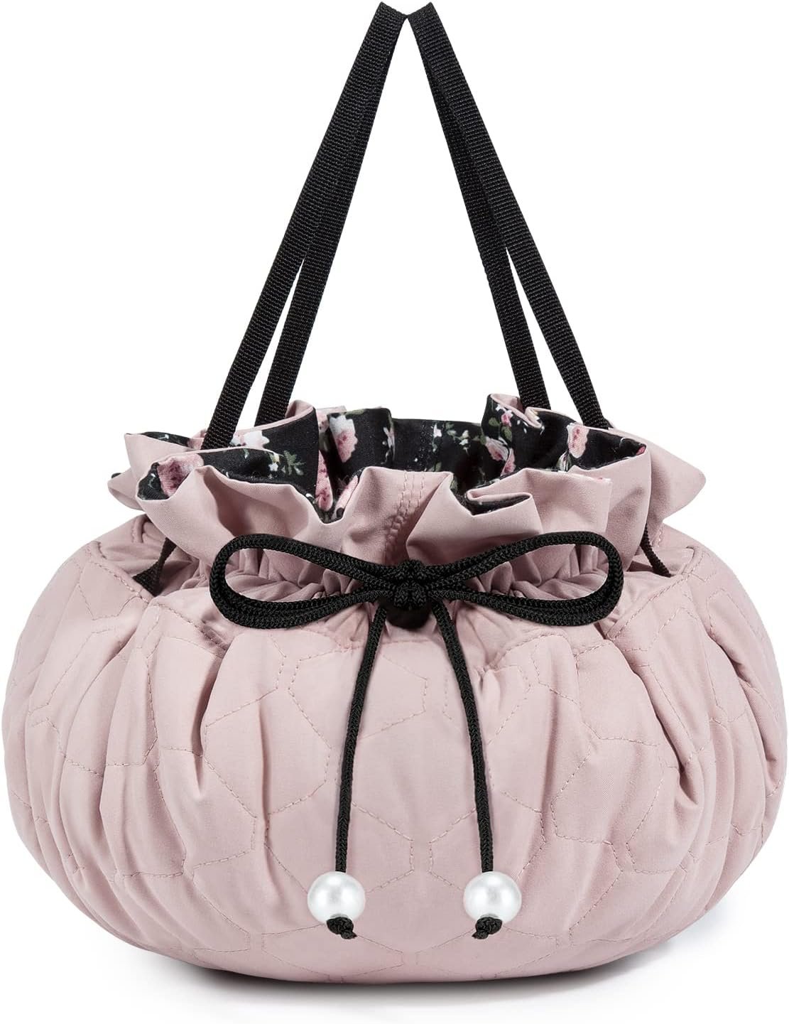 BAGSMART Drawstring Makeup Bag, Cosmetic Bag Travel Makeup Organizer Case with Clear Pouch Set, Portable Make Up Bags for Women Toiletries Accessories Brush,Pink,Large