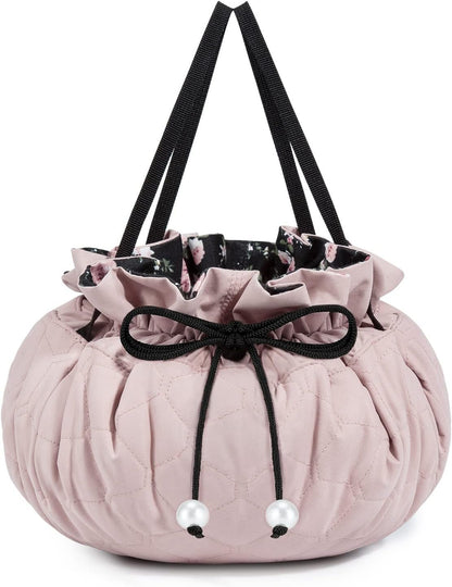 BAGSMART Drawstring Makeup Bag, Cosmetic Bag Travel Makeup Organizer Case with Clear Pouch Set, Portable Make Up Bags for Women Toiletries Accessories Brush,Pink,Large