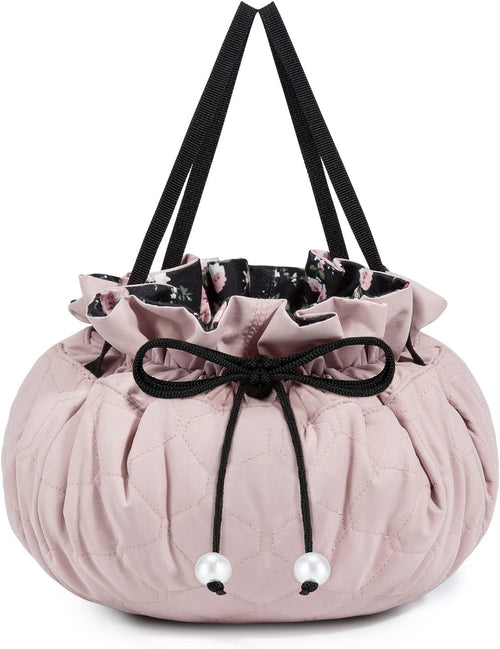 BAGSMART Drawstring Makeup Bag, Cosmetic Bag Travel Makeup Organizer Case with Clear Pouch Set, Portable Make Up Bags for Women Toiletries Accessories Brush,Pink,Large