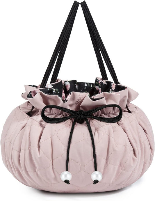 BAGSMART Drawstring Makeup Bag, Cosmetic Bag Travel Makeup Organizer Case with Clear Pouch Set, Portable Make Up Bags for Women Toiletries Accessories Brush,Pink,Large