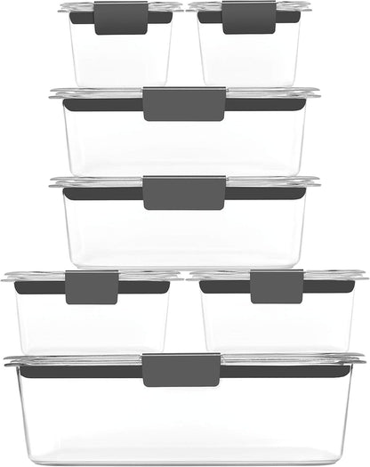 Rubbermaid 14-Piece Brilliance Food Storage Containers with Lids for Lunch, Meal Prep, and Leftovers, Dishwasher Safe, Clear/Grey