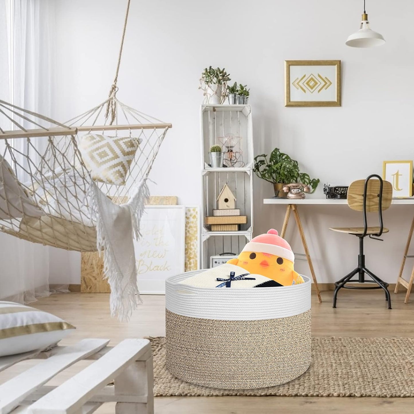 Extra Large 100% Cotton Rope Basket 21.7" × 21.7" × 13.8", SONPENT Woven Storage Laundry Basket Cotton Basket Pillows Storage Bin with Handle for Living Room Home Decor
