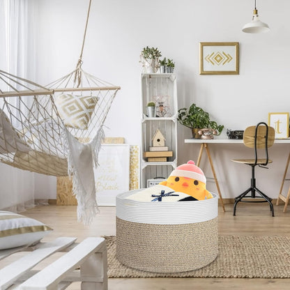 Extra Large 100% Cotton Rope Basket 21.7" × 21.7" × 13.8", SONPENT Woven Storage Laundry Basket Cotton Basket Pillows Storage Bin with Handle for Living Room Home Decor
