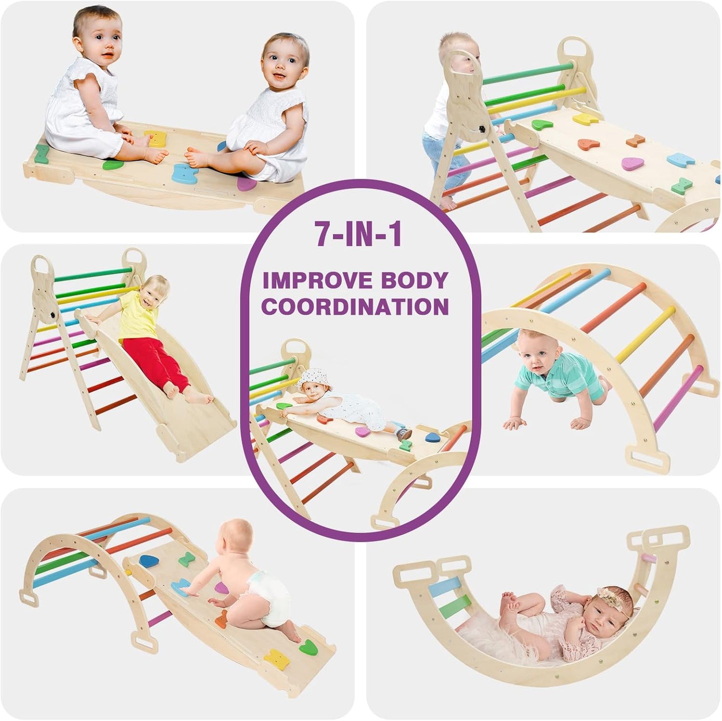 7in1 Rainbow Pikler Triangle Set Foldable Montessori Climber, Wooden Climbing Toys with Sliding Ramp&Arch Rocker for Kids,Climbing Indoor Playground Set for Toddlers