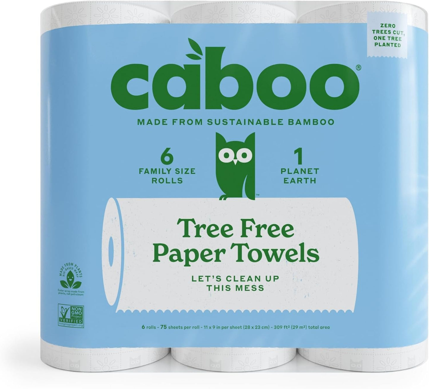 Caboo Tree Free Paper Towels, 6 Rolls, Earth Friendly Sustainable Kitchen Paper Towels with Strong 2 Ply Sheets