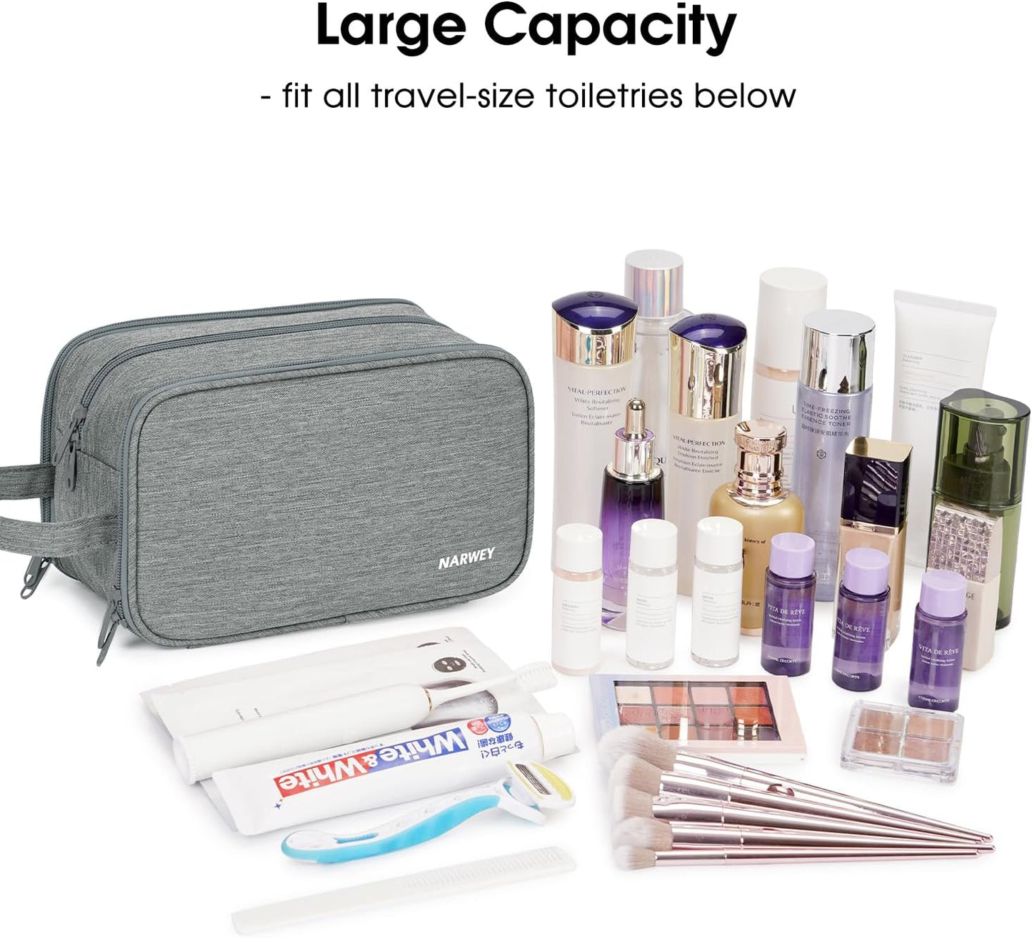 Narwey Large Travel Toiletry Bag for Men and Women for Toilets Accessories with Free Wet Dry Bag, grey