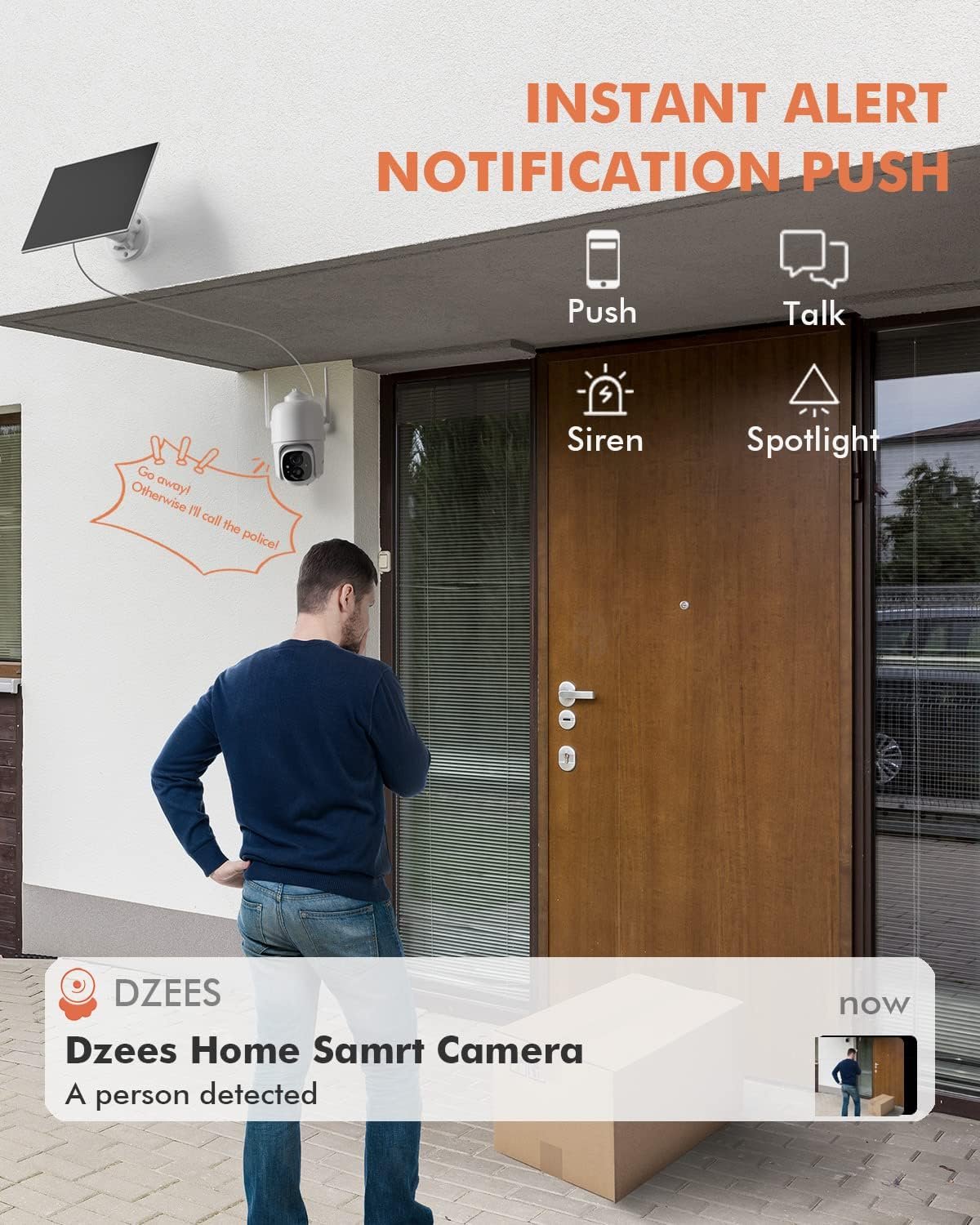 Dzees Solar Security Cameras Wireless Outdoor, 2K Battery Powered Security Camera, 360Â° PTZ Camera with Spotlight, Siren, Color Night Vision, AI Dectection, IP66 for Home Security, 2.4GHz