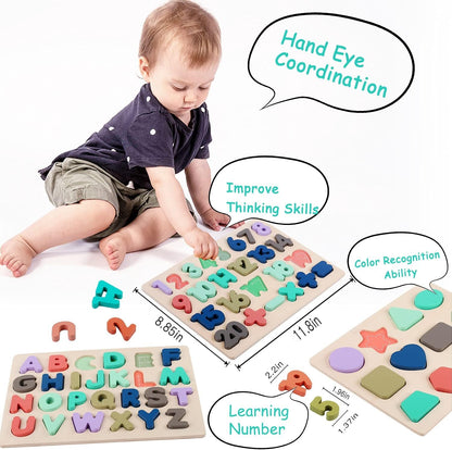 Wooden Puzzles for Kids 3-5, Wood Alphabet ABC Number and Shape Puzzles Toddlers Preschool Early Learning Puzzle Board Toys for Boys Girls Ages 3 4 5 6 Year Old (Set of 3)