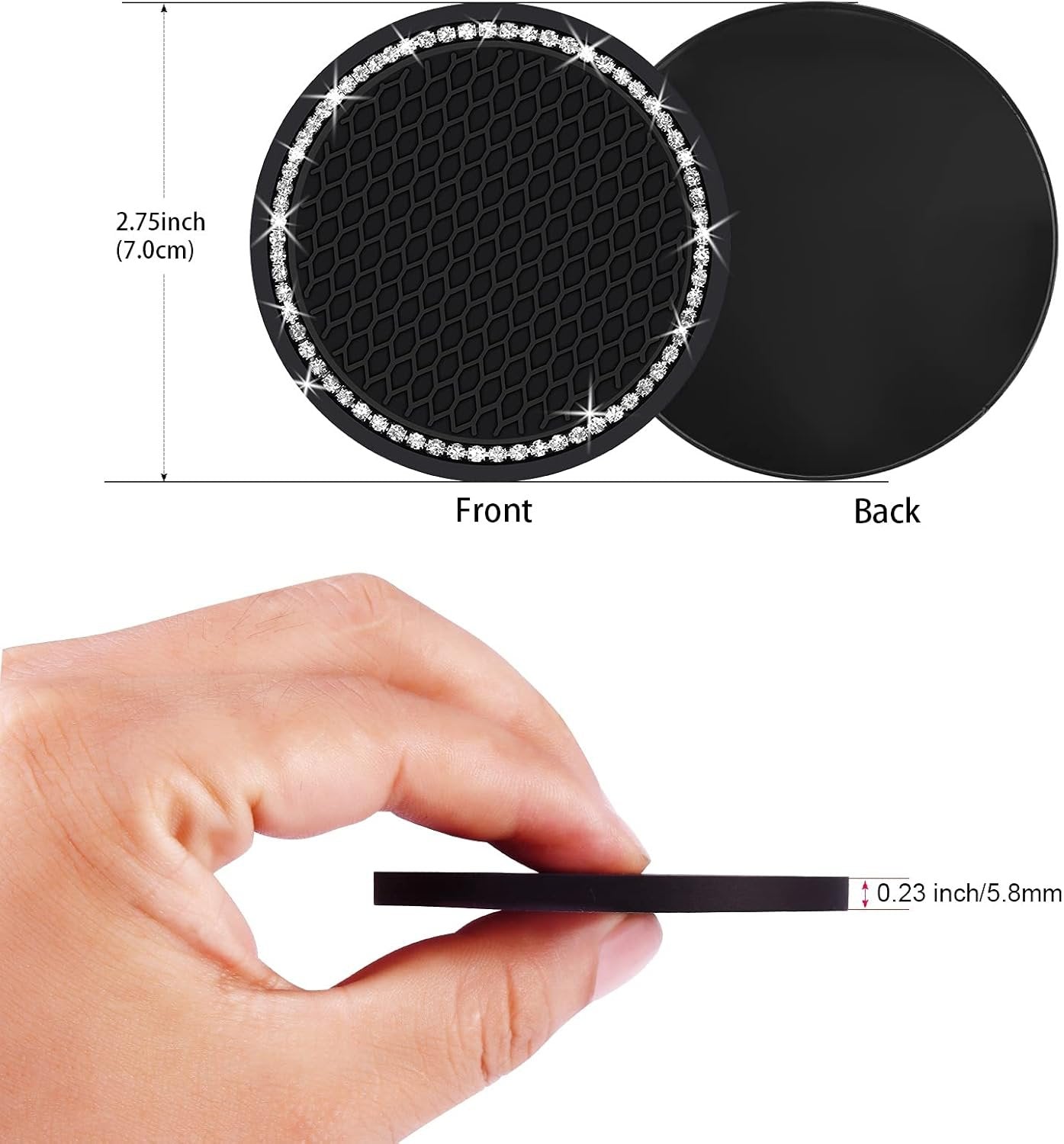 2PCS Bling Car Cup Coaster, 2.75 Inch Auto Cup Holder Insert Coasters Silicone Anti-Slip Crystal Rhinestone Drink Mat, Universal Vehicle Interior Accessories for Women Girls (Black)