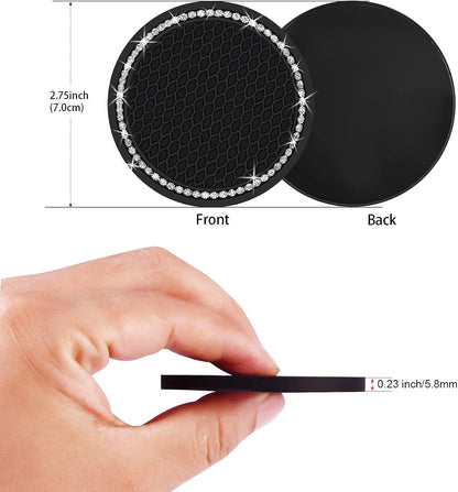 2PCS Bling Car Cup Coaster, 2.75 Inch Auto Cup Holder Insert Coasters Silicone Anti-Slip Crystal Rhinestone Drink Mat, Universal Vehicle Interior Accessories for Women Girls (Black)