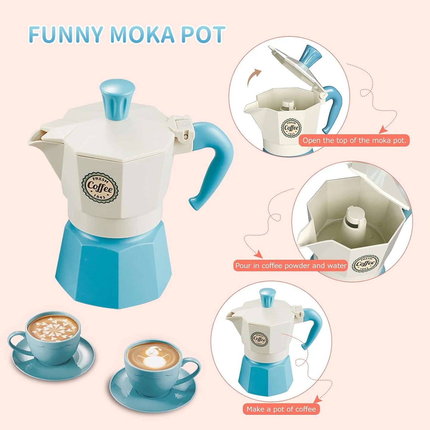 CYZAM Tea Party Set Pretend Play Food Playset Accessories, Coffee Pot Dessert Play Kitchen Set Toy for 3 4 5 6 7 8 Years Old Kids Boys Girls