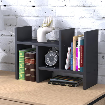 PowerKing Wood Desktop Organizer, Adjustable Desktop Bookshelf Display Shelf Rack for Home Office Desktop Storage Supplies Organization (Black)