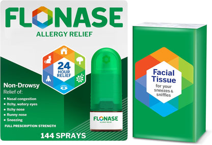 Flonase Allergy Relief Nasal Spray, 24-Hour Non-Drowsy Multi-Symptom Relief 144 Sprays, Bonus Pack of Tissues