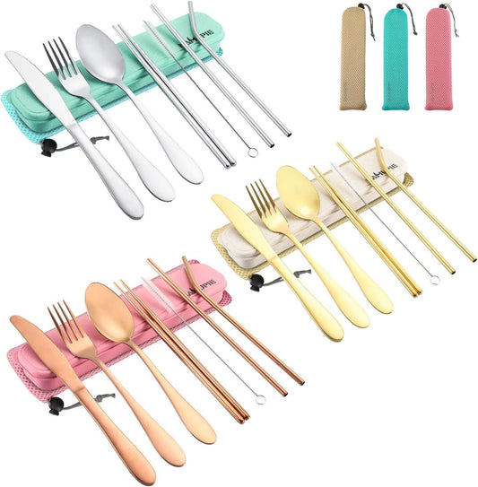 NAMUPIE Stainless Steel Travel Utensil Set 9 Piece Reusable Travel Utensils Silverware with Case,Travel Camping Cutlery Set, Knives, Forks and Chopsticks for Camping, Portable Flatware Cutlery Set with Case (PINK)