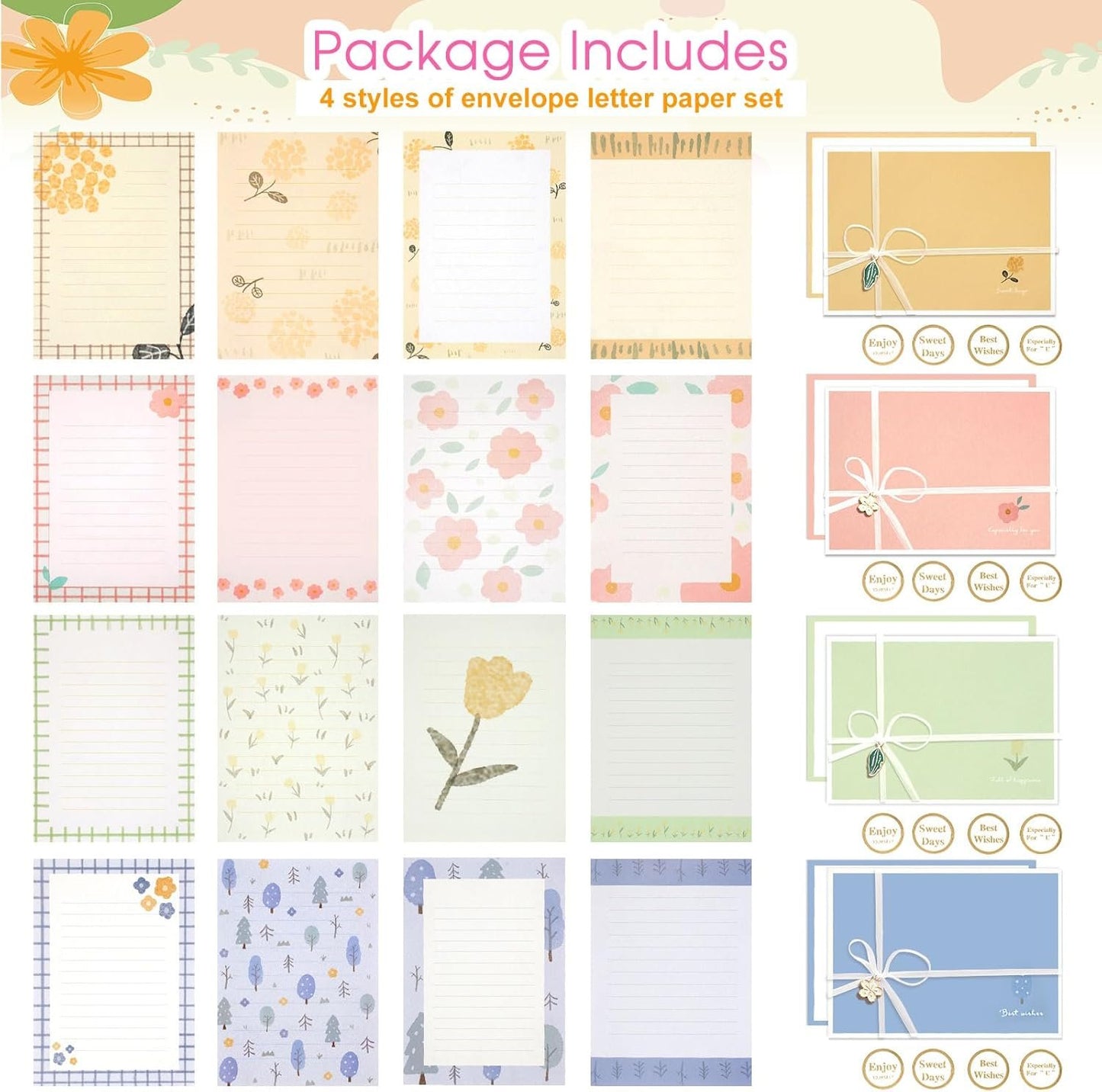 KSIWRE 48 PCS Stationery Paper and Envelopes Set,16 PCS Lined Stationary Writing Paper with 8 PCS Matching Envelopes,Cute Floral Stationary Set for Writing Letters Poem Office School Supplies