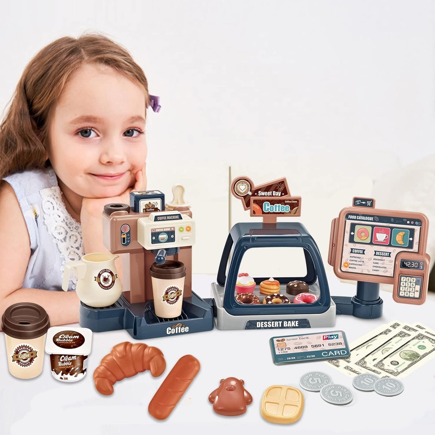 Pretend Play Coffee Maker Toy Role Play Coffee Shop Party Playset with Coffee Machine Cash Registers Toy Food Dessert Donuts Cakes Set Early Learning Funtional Toy for Kids Birthday