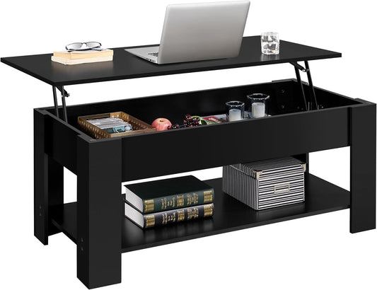 Yaheetech Lift Top Coffee Table with Hidden Compartment and Storage Shelf, Rising Tabletop Dining Table for Living Room Reception Room, 47.5in L, Black