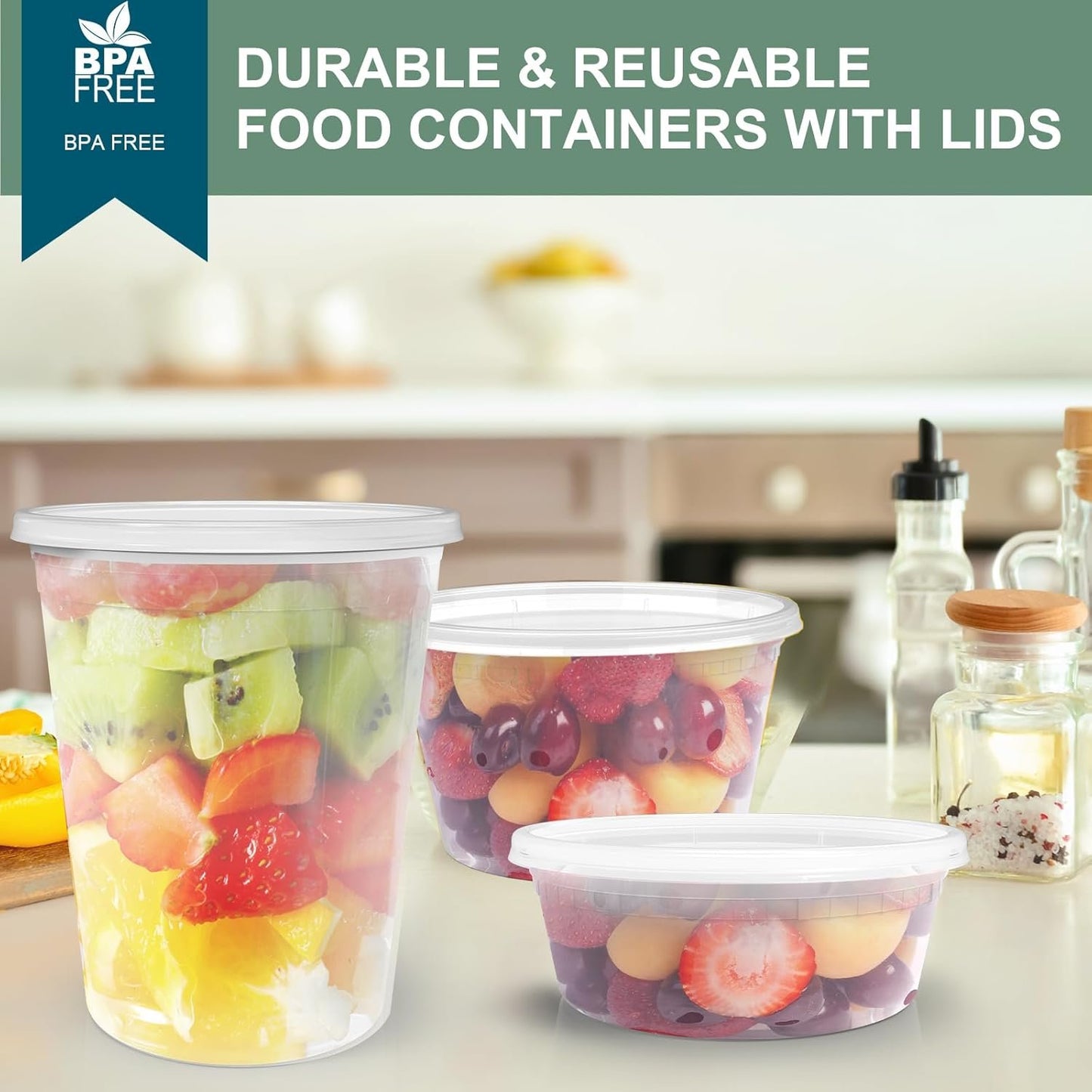 Deli Containers with Lids 48 Sets [8,16, 32 oz 16 Each ] - Food Storage Containers with Lids Freezer Safe, Soup Containers for Restaurant, BPA Free | Portion Control | Leakproof | Microwave