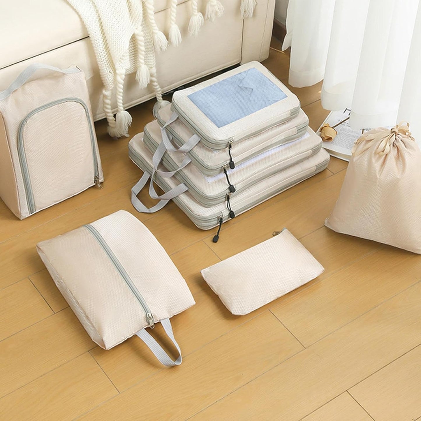 Compression Packing Cubes - Set of 8 Compression Packing Bags Waterproof for Suitcase | Garment Organization Bags with Zipper Closure for Basements, Bedroom