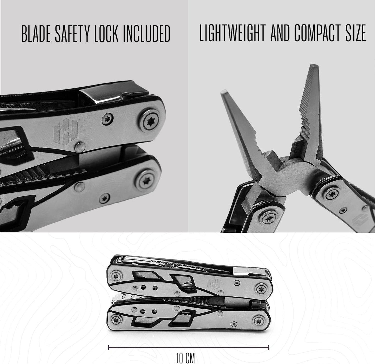 Multitool Plier - 12 In 1 Stainless Steel Pocket Multi Tool With Durable Sheath For Camping, Survival Gear Safety Locking Camping Accessories Cutter, Bottle Opener, Screwdriver by Hayvenhurst pm-01