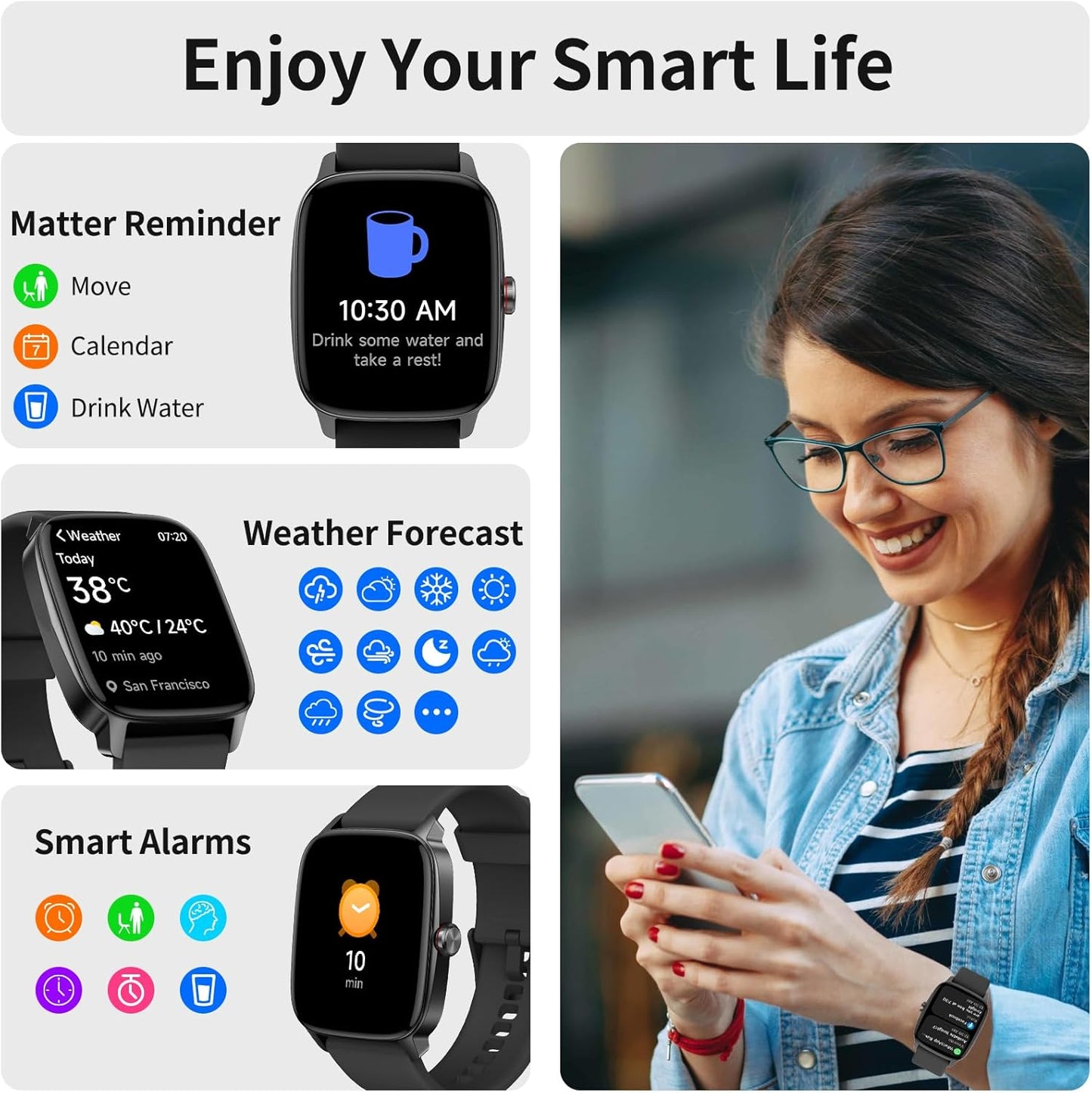 Smart Watch for Men Women, IP68 Waterproof, Bluetooth Calling, Fitness Tracker, Sleep Monitoring, 1.85'' DIY Dial, AI Built-in, 100+ Sports Modes, 7 Days Battery, Compatible with Android & iPhones